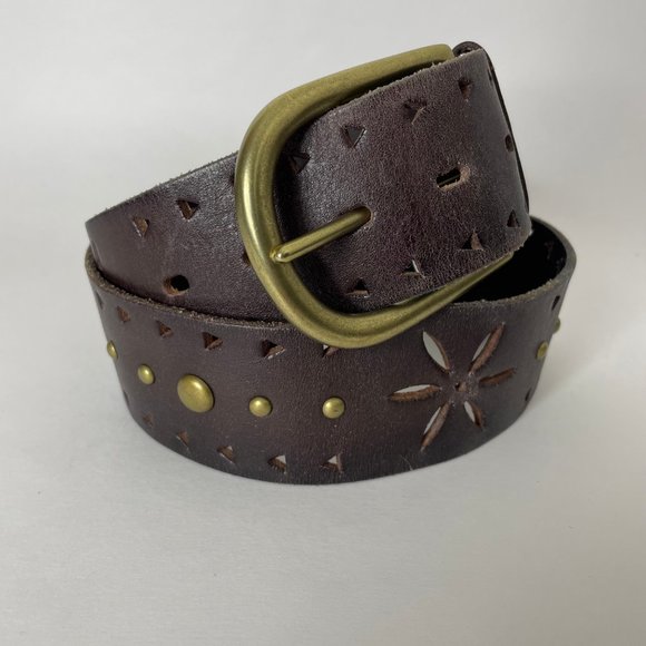 Aldo Boho Wide Brown Leather Belt Stud Cut Out Brass Buckle Size M Boho Western - Picture 6 of 6